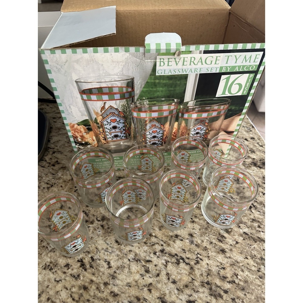 Vintage Beverage Thyme birdhouse glass set of 16